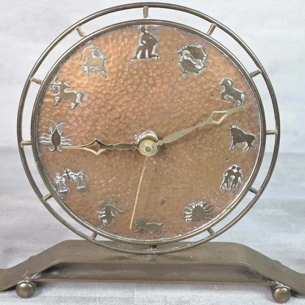 VTG Rare Art Deco Hammered Copper Zodiac Table Mantel Clock Brass Footed Works